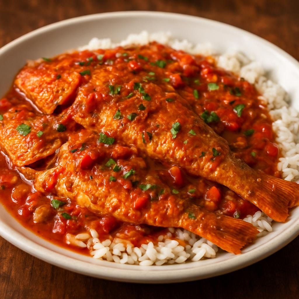 Entree: Sint Maarten (Dutch part) – Southern Culinary Region – Red Snapper Creole (Creole-style stewed red snapper in a spicy tomato and pepper sauce served over rice) recipe
