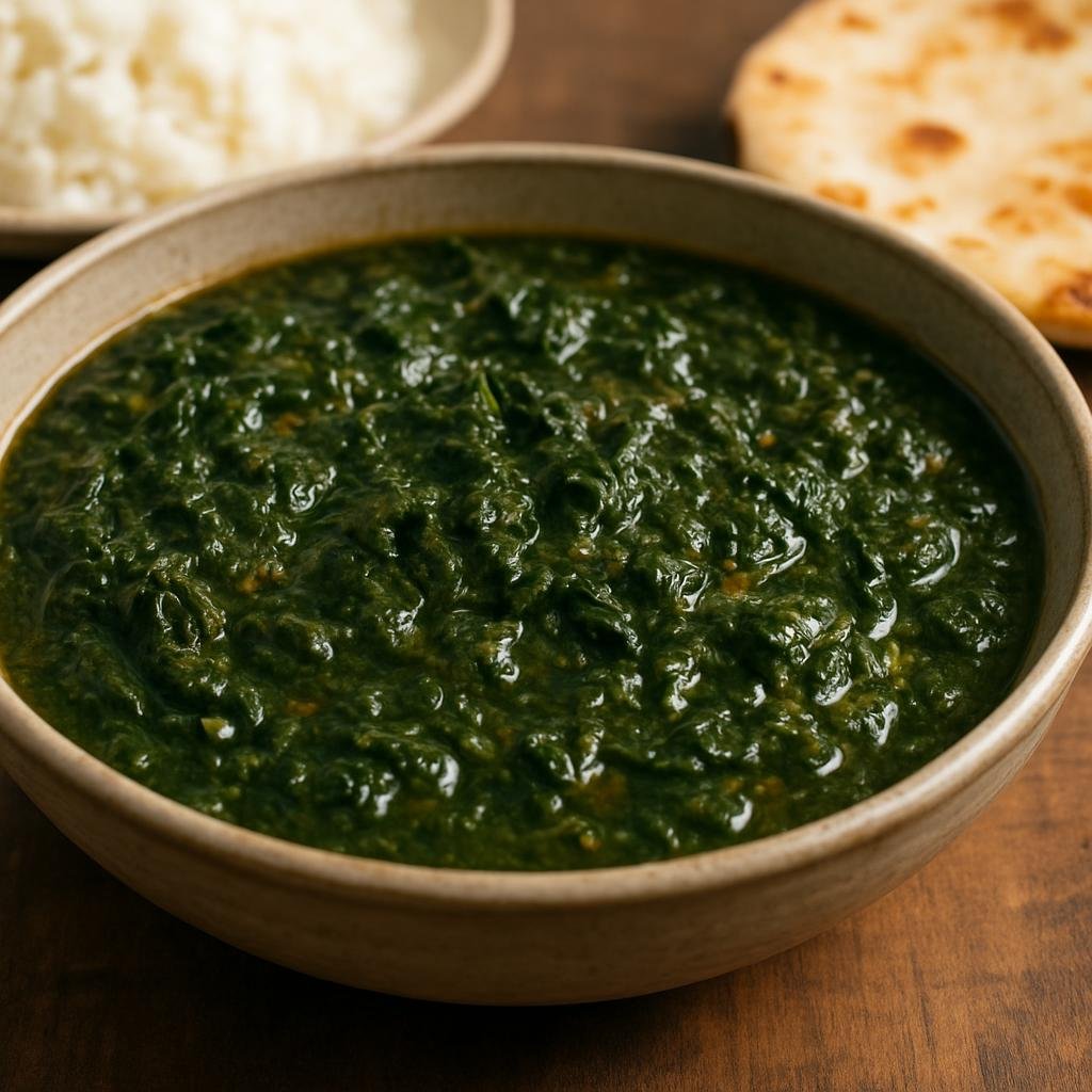 Entree: South Sudan – Southern Culinary Region – Molokhia (A green, savory stew of jute mallow leaves cooked in seasoned broth often served with rice or flatbread) recipe