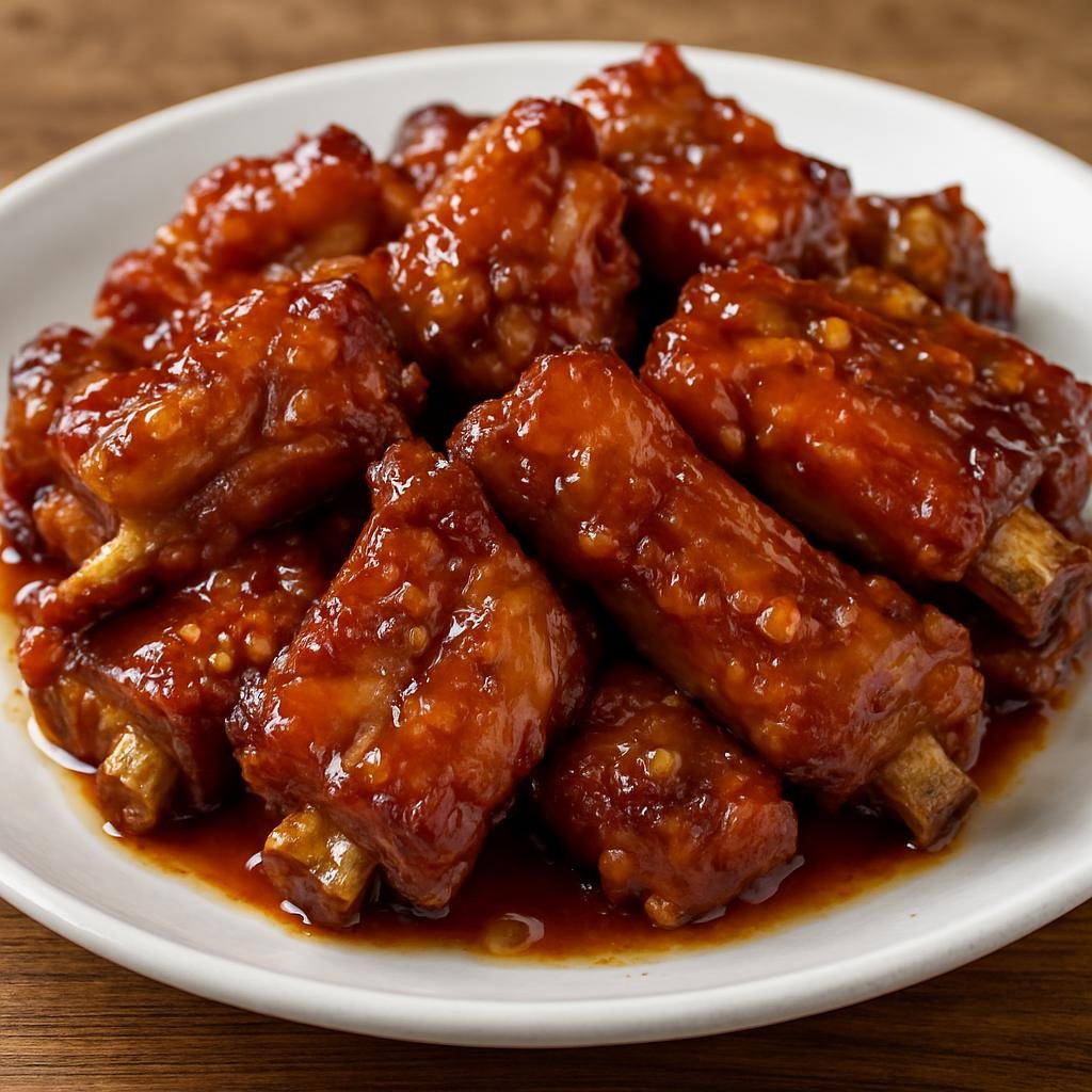 Entree: China – Cantonese / Guangdong – 蜜汁蒜香排骨 ➤ Mat6 zap1 syun3 hoeng1 paai4 gwat1 (Pork spare ribs blanched, fried, and glazed in a sweet-savory Cantonese honey and garlic sauce) recipe