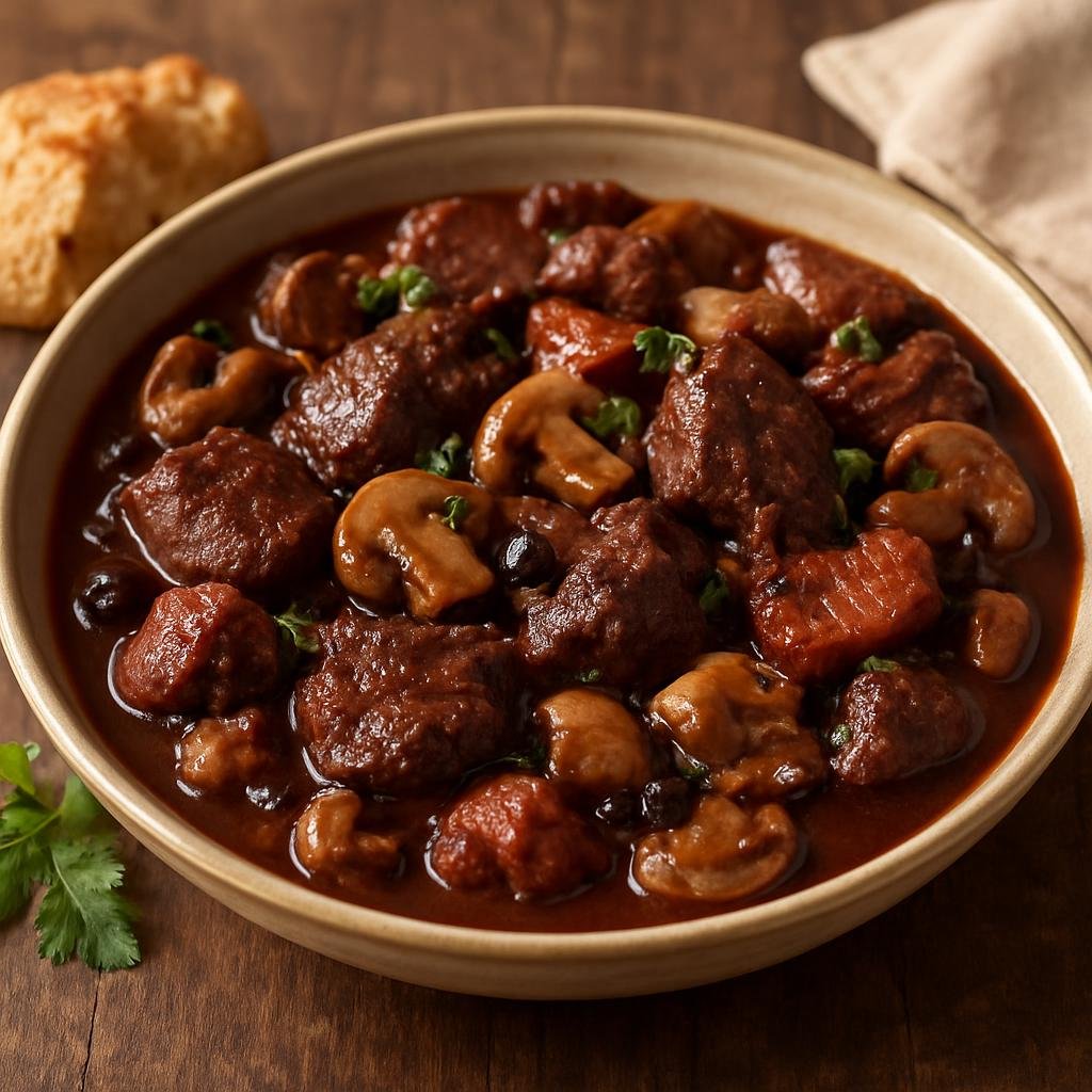 Entree: France – Basque Country – Civet de Sanglier (Slow-braised Basque wild boar stew in red wine with bacon, mushrooms, and juniper) recipe
