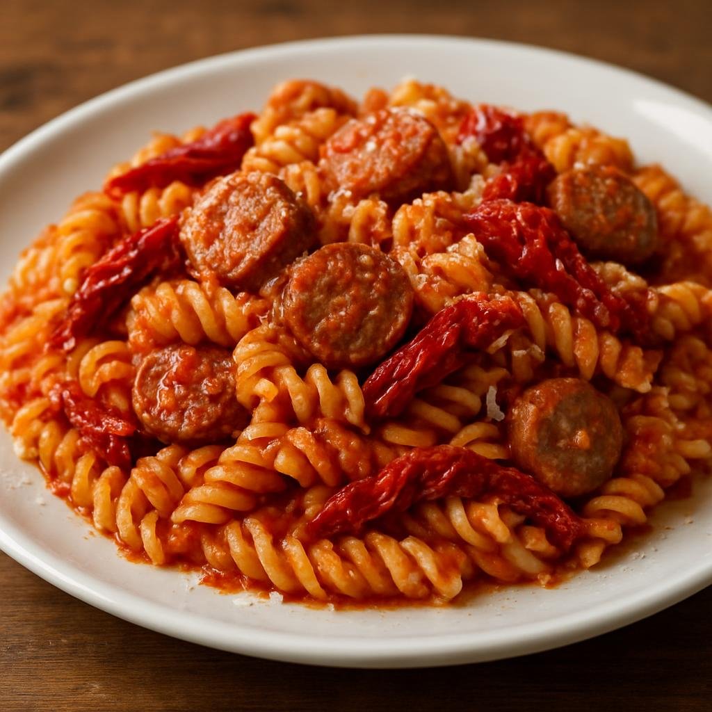 Entree: Italy – Basilicata – Fusilli alla Lucana (Fusilli pasta tossed with Lucanian-style pork sausage, crisped dried peppers, and pecorino in a simple tomato sauce) recipe