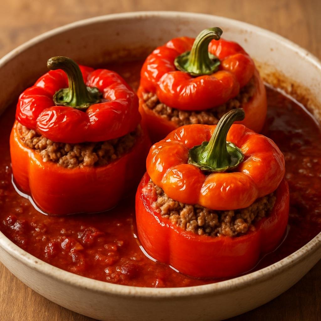 Entree: Germany – Berlin-Brandenburg – Gefüllte Paprikaschoten (Bell peppers stuffed with seasoned ground meat, rice, and herbs, baked in a savory tomato sauce) recipe