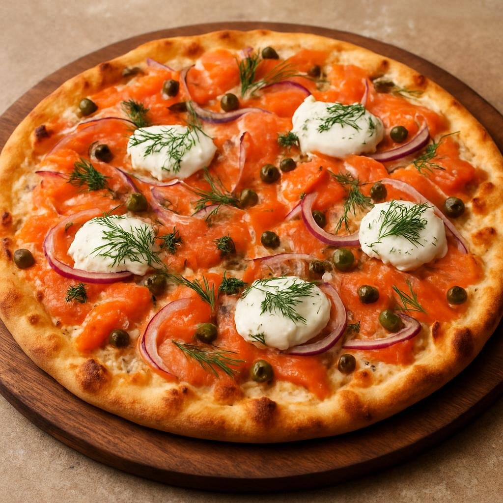 Entree: Canada – British Columbia Coast – Smoked Salmon Pizza (Thin-crust pizza topped with smoked salmon, crème fraîche, capers, red onion and fresh dill) recipe