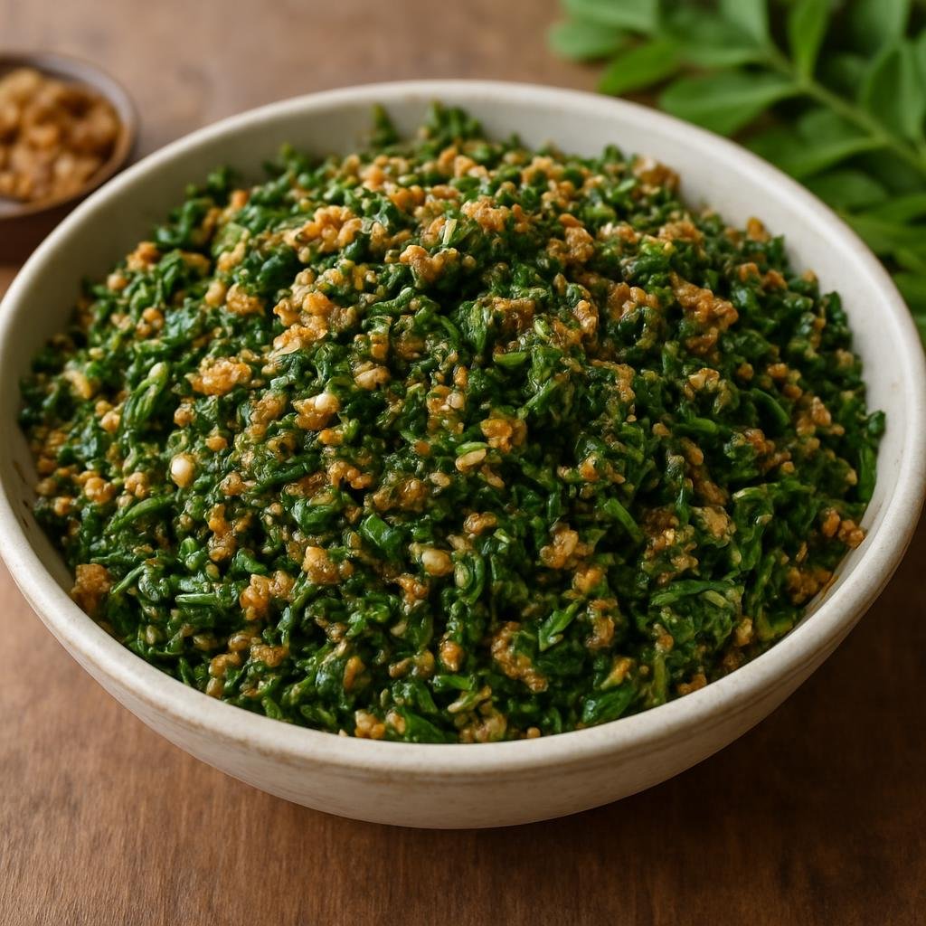 Entree: Nigeria – Hausa-Fulani North – Zogale Salad (Fresh moringa leaf salad dressed with ground peanuts and savory seasonings) recipe