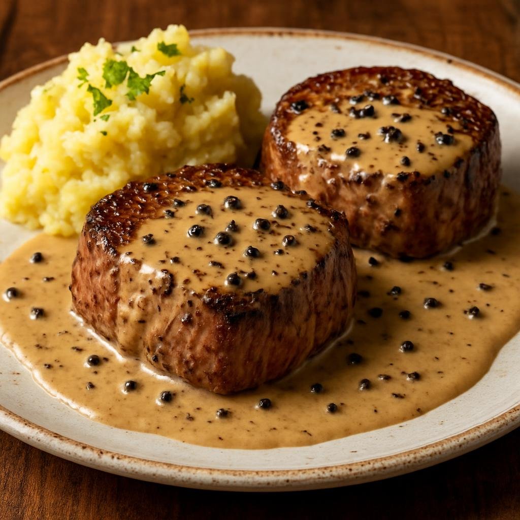 Entree: Argentina – Buenos Aires – Lomo a la Pimienta (Pan-seared beef tenderloin steaks finished in a creamy cracked-peppercorn sauce) recipe