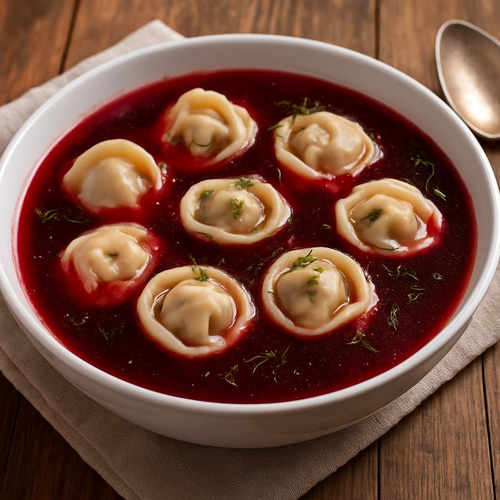 Entree: Poland – Lesser Poland / Krakow – Barszcz z Uszkami (Clear beetroot soup served with small mushroom-filled dumplings) recipe