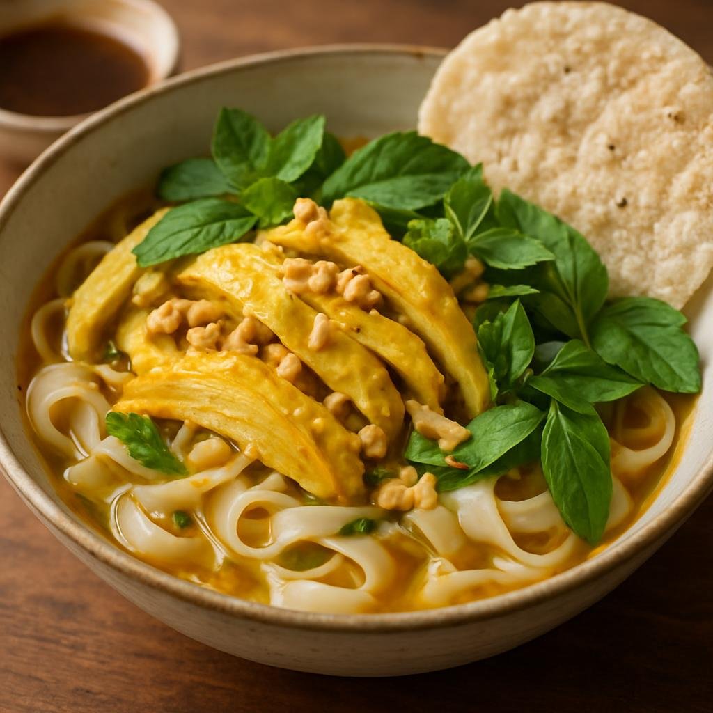 Entree: Vietnam – Hoi An / Da Nang – Mi Quang Ga (Turmeric-poached chicken with wide rice noodles, a small concentrated savory broth, fresh herbs, peanuts, and rice crackers) recipe