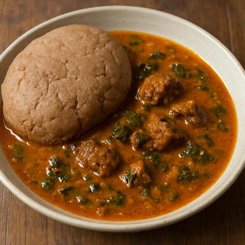 Entree: Ghana – Ewe Volta Cuisine – Kokonte with Groundnut Soup (Thick dried cassava paste served with a savory peanut-based soup) recipe