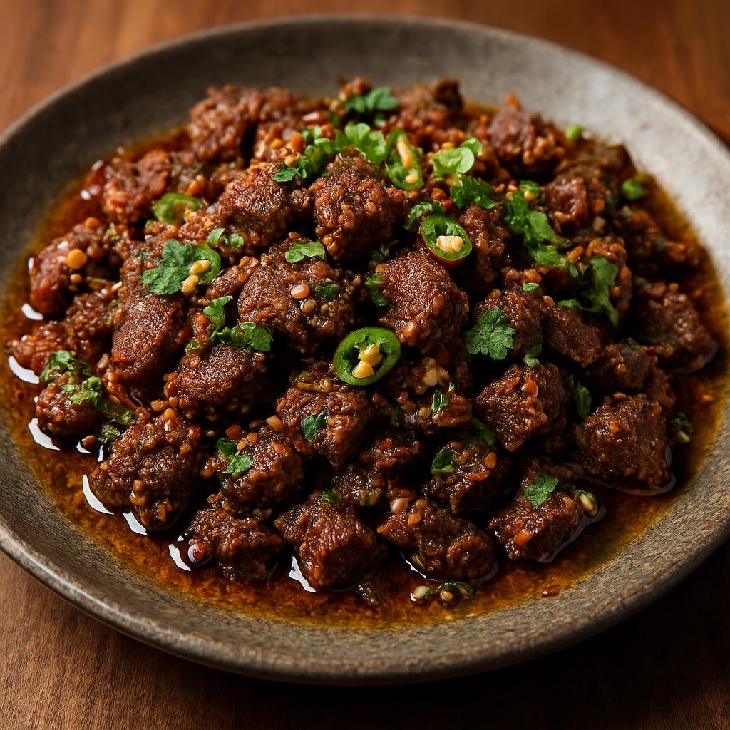 Entree: Nepal – Newari Cuisine – हाकु चोयला ➤ haku choila (Smoky grilled spiced buffalo meat tossed with Newari spices, herbs, and mustard oil) recipe