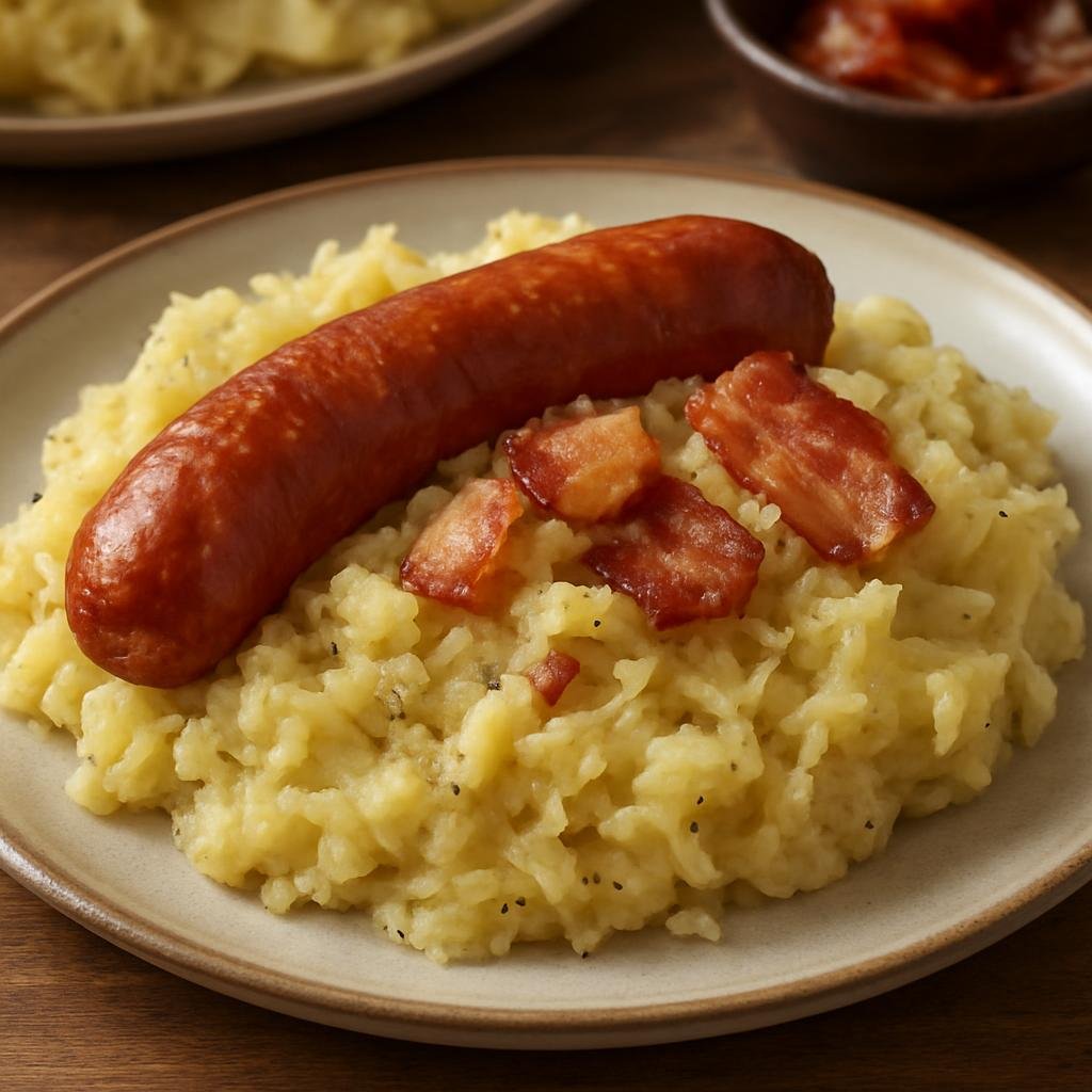Entree: Netherlands – Holland / Amsterdam – Zuurkoolstamppot (Mashed potatoes blended with tart sauerkraut, usually served with smoked sausage or bacon) recipe
