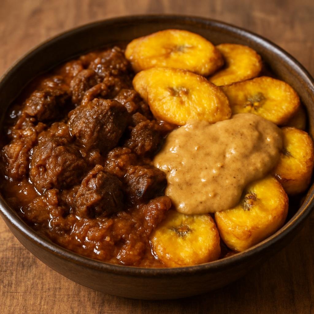 Entree: Tanzania – Northern Tanzania – Makange (Hearty Northern Tanzanian beef stew with ripe plantains and a savory peanut sauce) recipe