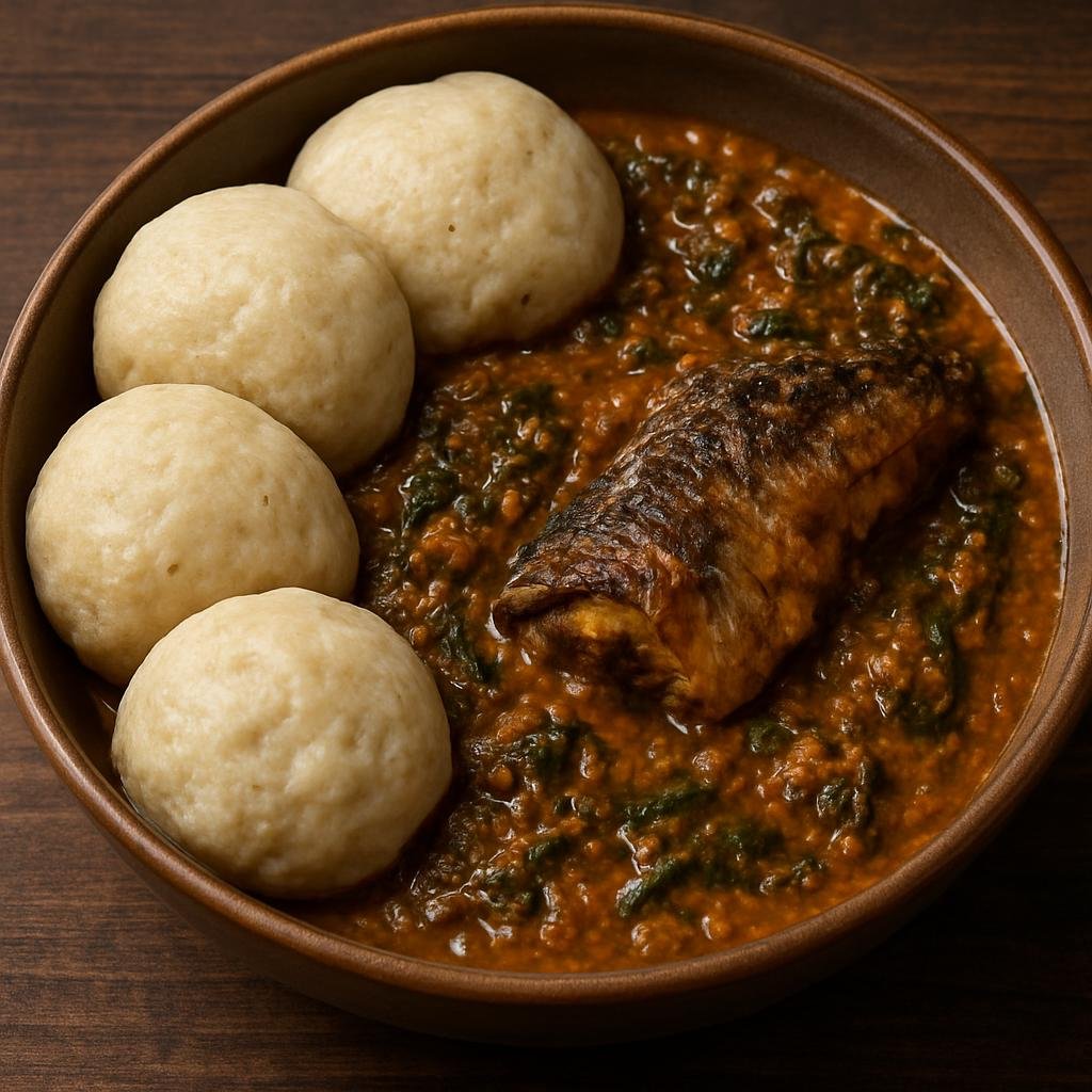 Entree: Burkina Faso – Northern Culinary Region – Zamné (Steamed millet dumplings served with a rich peanut and baobab-leaf stew with smoked fish) recipe