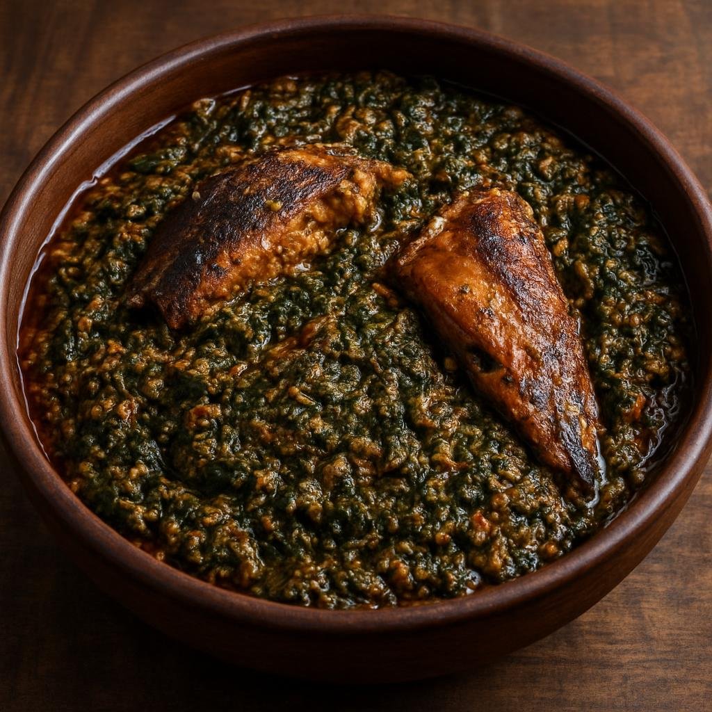 Entree: Cameroon – Northern Culinary Region – Okok (Thick leafy stew of shredded cocoyam leaves cooked with ground egusi, smoked fish, and palm oil) recipe