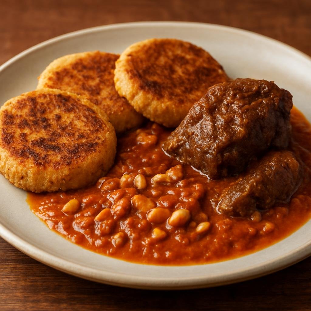 Entree: Cote d'Ivoire – Northern Culinary Region – Kabato (Pan-fried millet cakes served with a hearty tomato-peanut sauce and braised beef) recipe