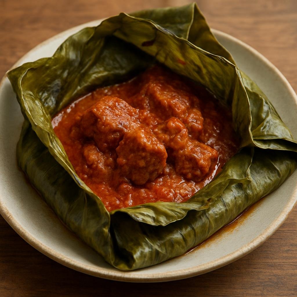 Entree: Democratic Republic of the Congo – Northern Culinary Region – Maboke de Viande (Meat simmered in spiced tomato and palm-oil sauce, wrapped and steamed in banana leaves) recipe