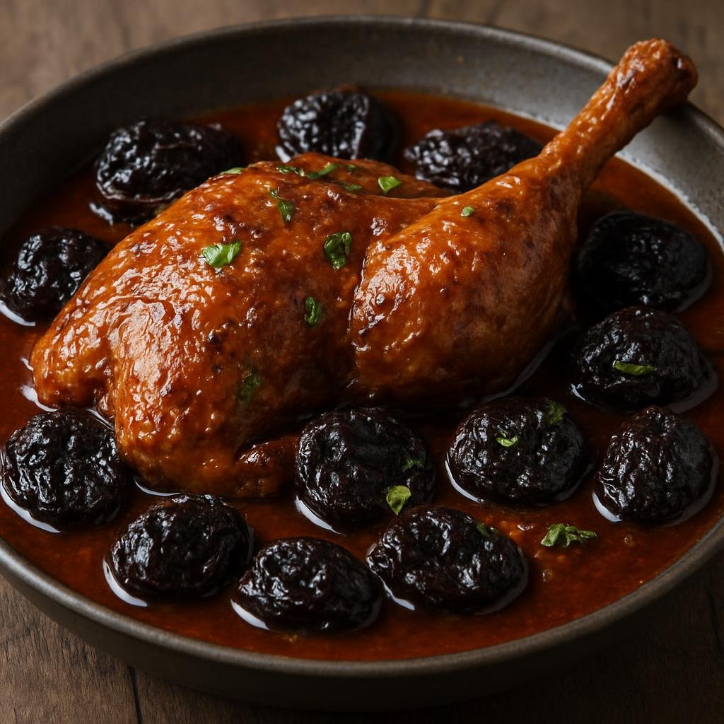 Entree: French Southern Territories – Northern Culinary Region – Pintade aux Pruneaux (Braised guinea fowl with prunes in a savory red-wine sauce) recipe