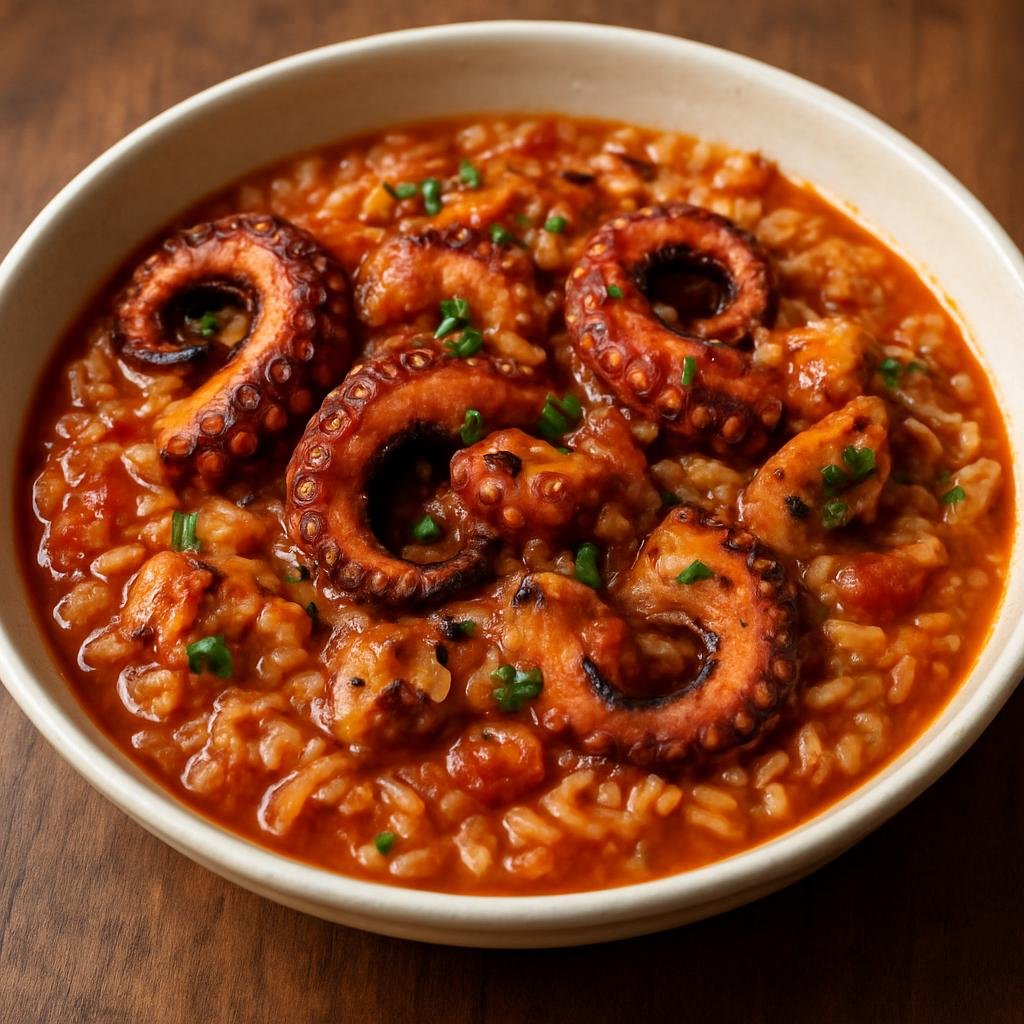 Entree: Guinea-Bissau – Southern Culinary Region – Arroz de Polvo (Rice cooked with tender octopus in a savory tomato and stock-based stew) recipe