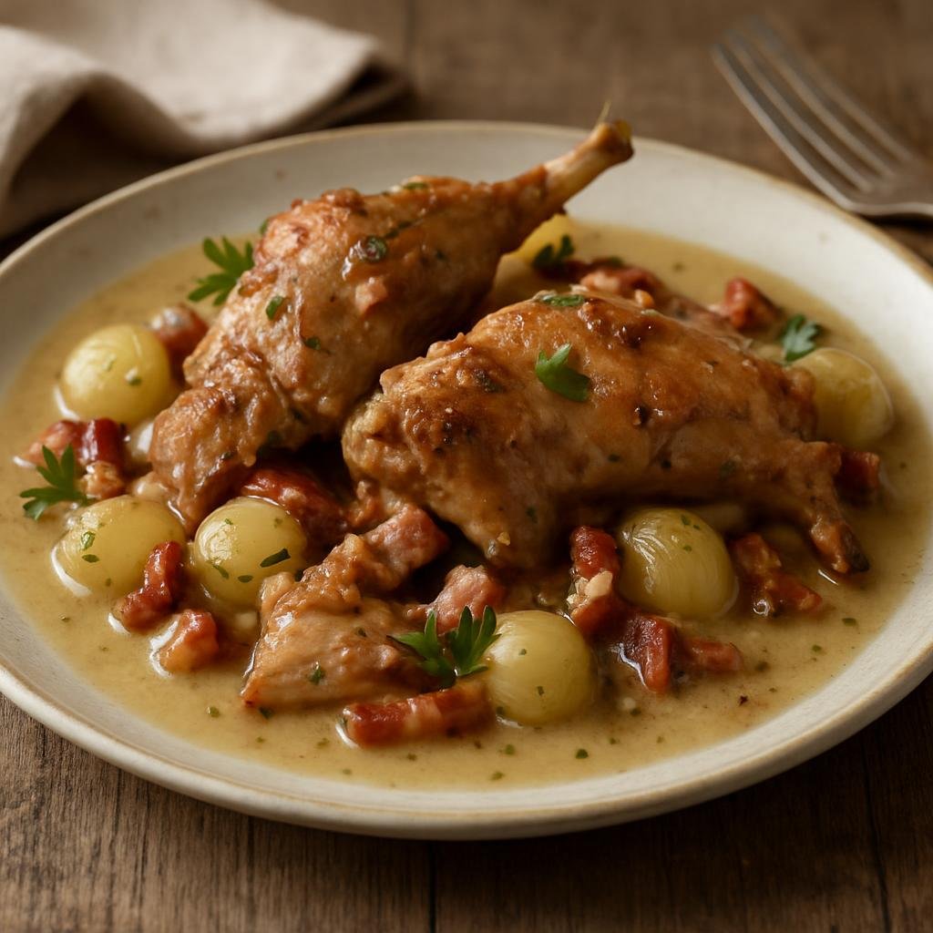 Entree: Luxembourg – Southern Culinary Region – Huesenziwwi (Slow-braised rabbit in white wine with onions and bacon) recipe