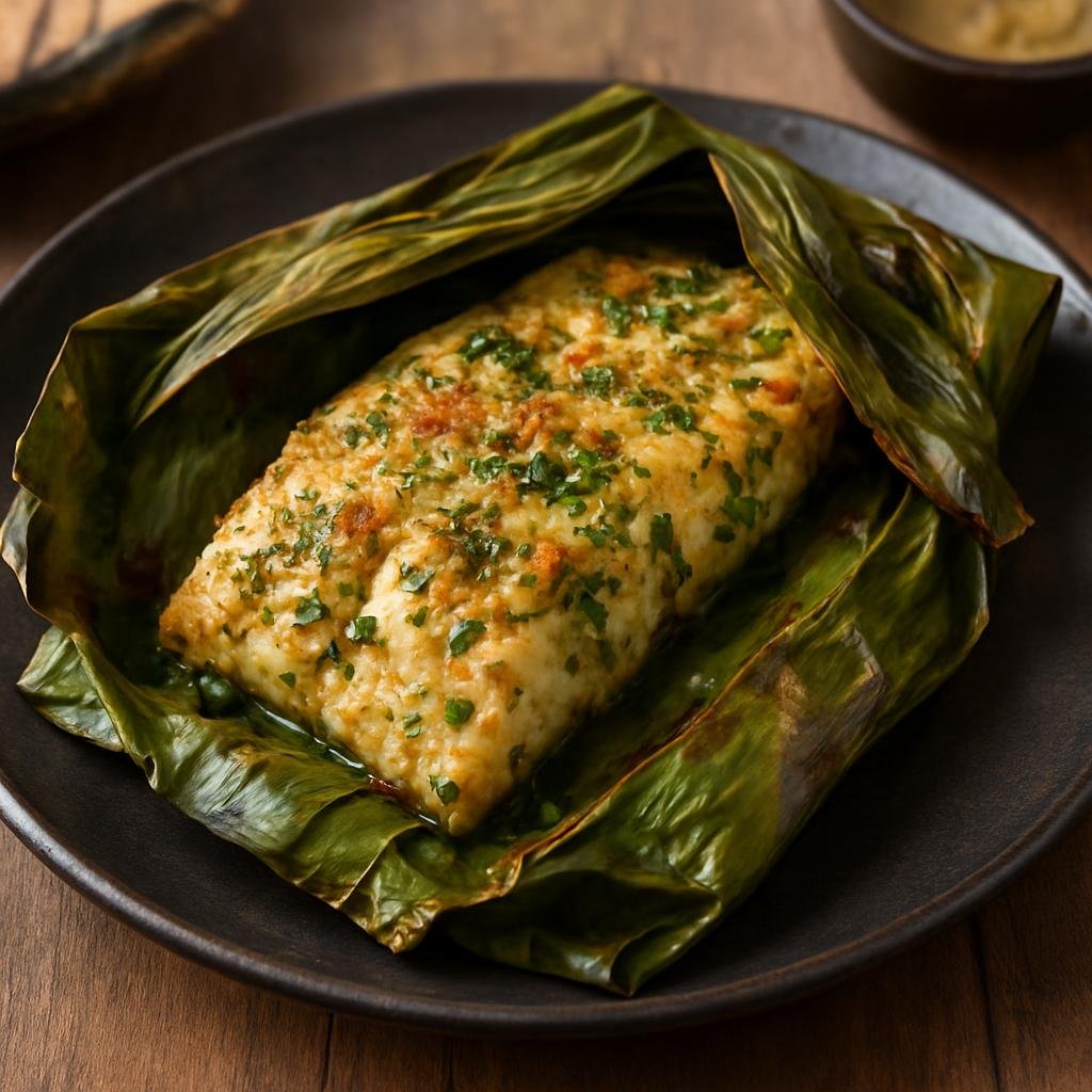 Entree: New Caledonia – Southern Culinary Region – Fish in Banana Leaves (Fish fillets marinated in coconut, herbs, and spices then wrapped and steamed or grilled in banana leaves) recipe