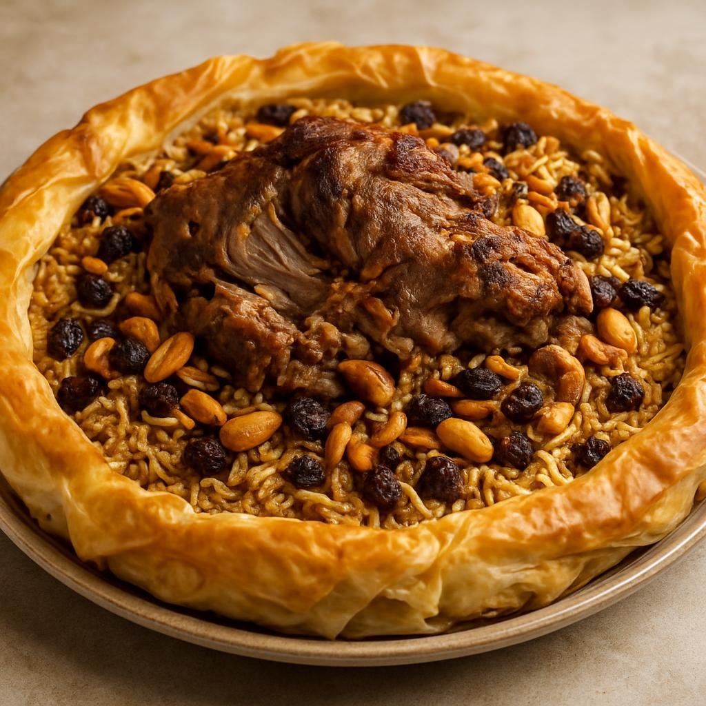 Entree: United Arab Emirates – Southern Culinary Region – عوزي ➤ Ouzi (Aromatic spiced rice with roasted lamb, nuts, and raisins often baked or wrapped in thin pastry) recipe