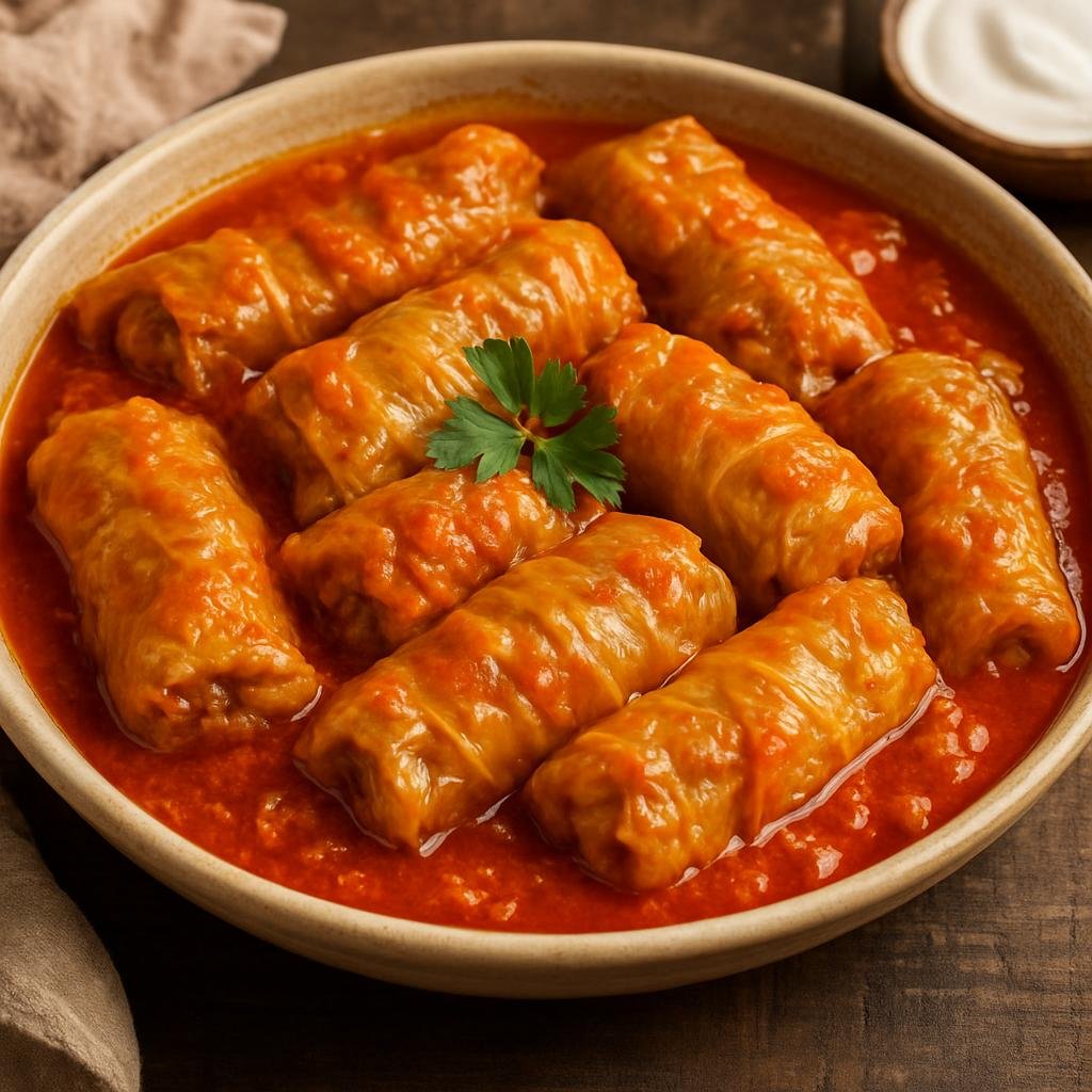 Entree: Romania – Transylvania – Sarmale (Cabbage rolls stuffed with seasoned meat and rice simmered in tomato sauce) recipe