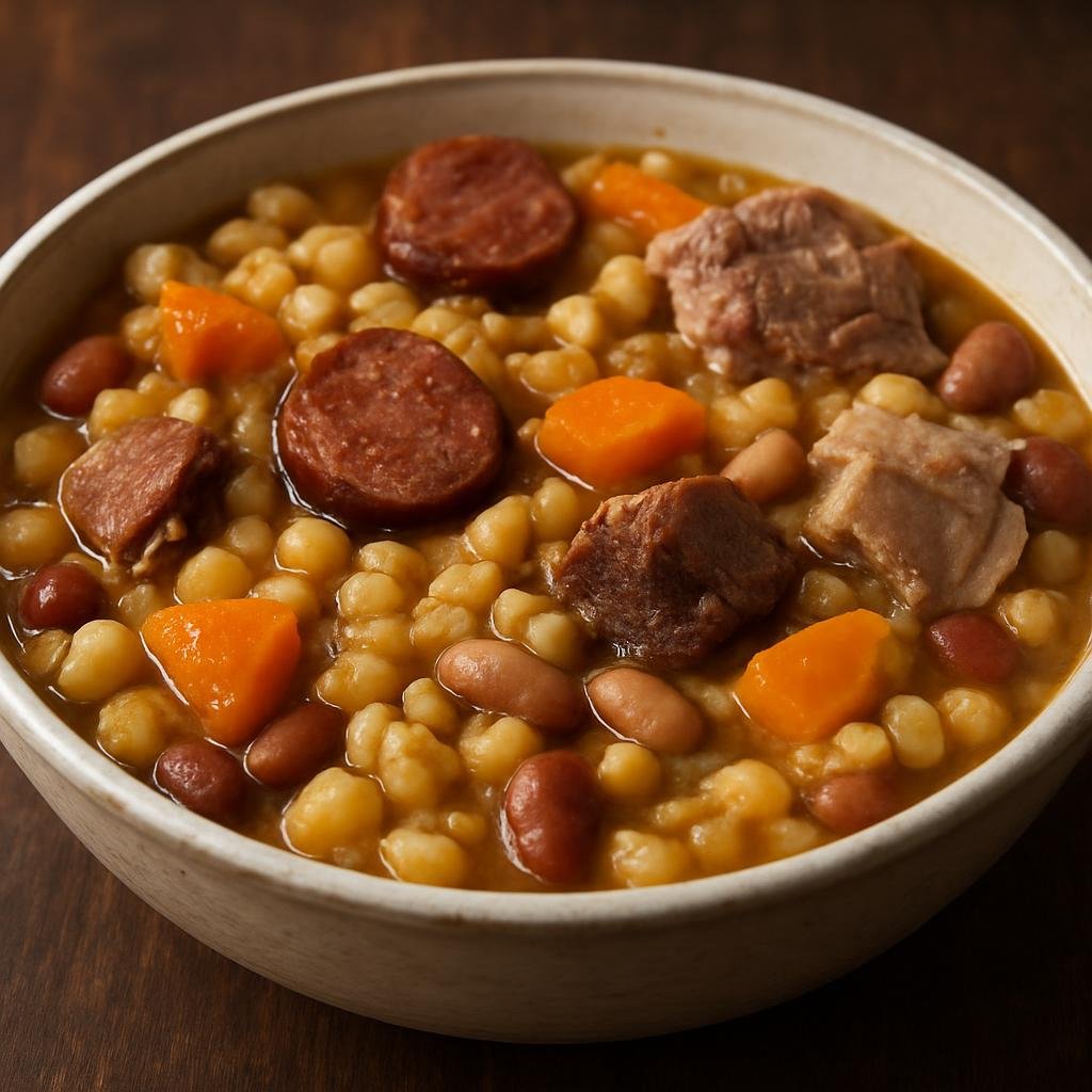Entree: Cape Verde – Southern Culinary Region – Cachupa (Hearty slow-cooked Cape Verdean stew of hominy, beans, vegetables, and preserved or fresh meats) recipe