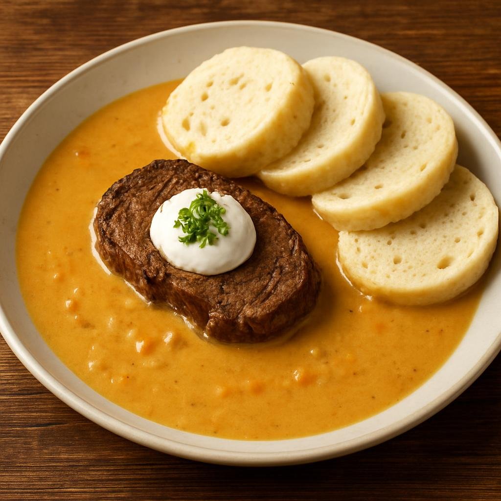 Entree: Czechia – Prague Pub Classics – Svíčková na Smetaně (Braised beef sirloin in a creamy root-vegetable and cream sauce served with dumplings) recipe