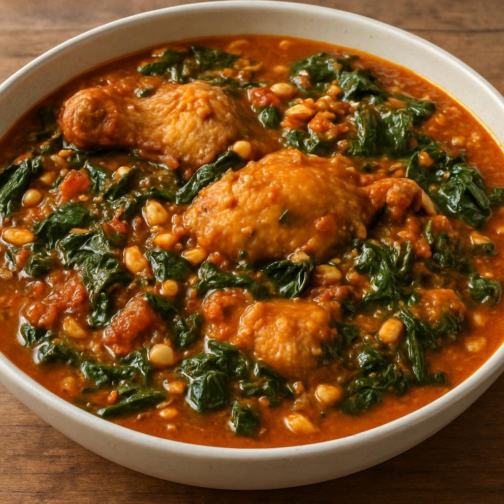 Entree: Equatorial Guinea – Southern Culinary Region – Peanut Stew (Hearty West-Central African peanut and tomato stew with chicken and leafy greens) recipe