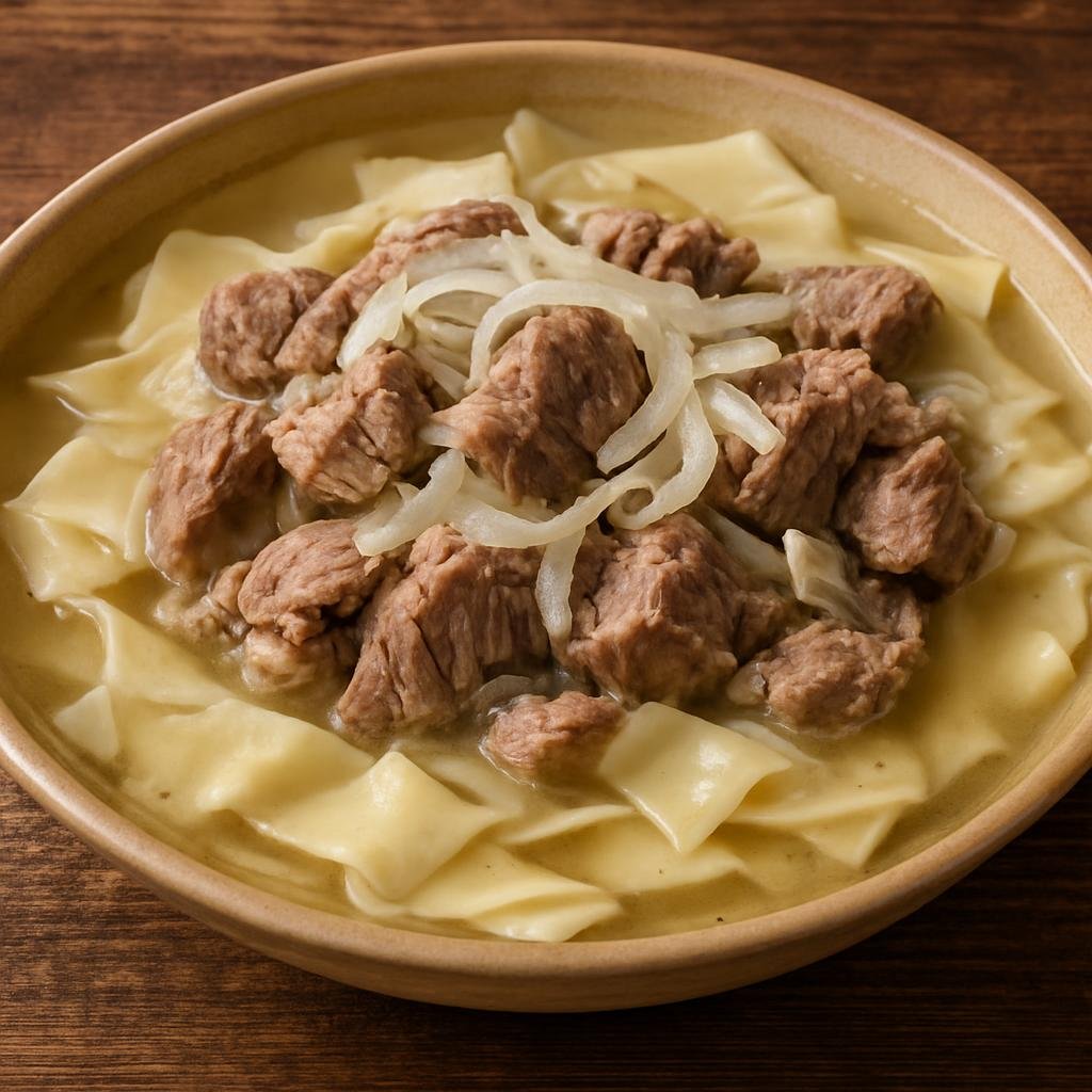 Entree: Kazakhstan – Western Steppe Kazakhstan – Бешбармақ ➤ Beshbarmak (Boiled meat served over wide hand-cut noodles with a clear onion broth) recipe