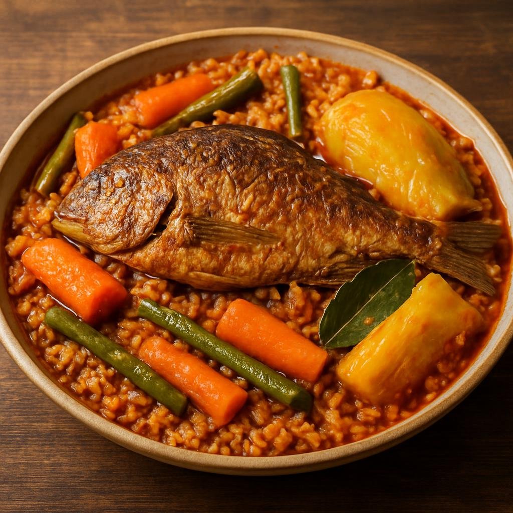 Entree: Senegal – Senegalese Wolof Cuisine – Thieboudienne (Senegalese one-pot tomato-scented fish and rice cooked with vegetables) recipe