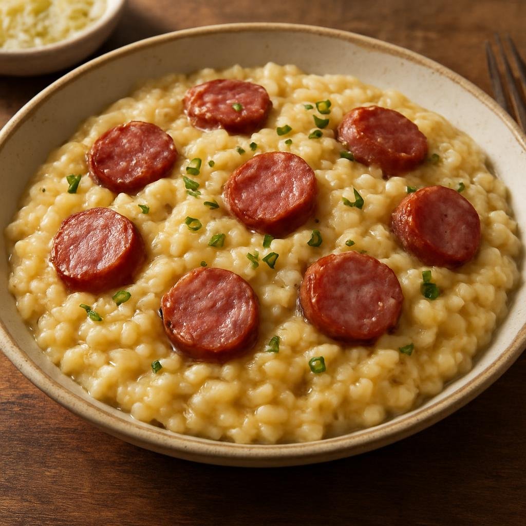 Entree: Switzerland – Italian Swiss / Ticino – Risotto alla Ticinese (Creamy northern Italian-style risotto made with fresh Ticinese pork sausage and cheese) recipe
