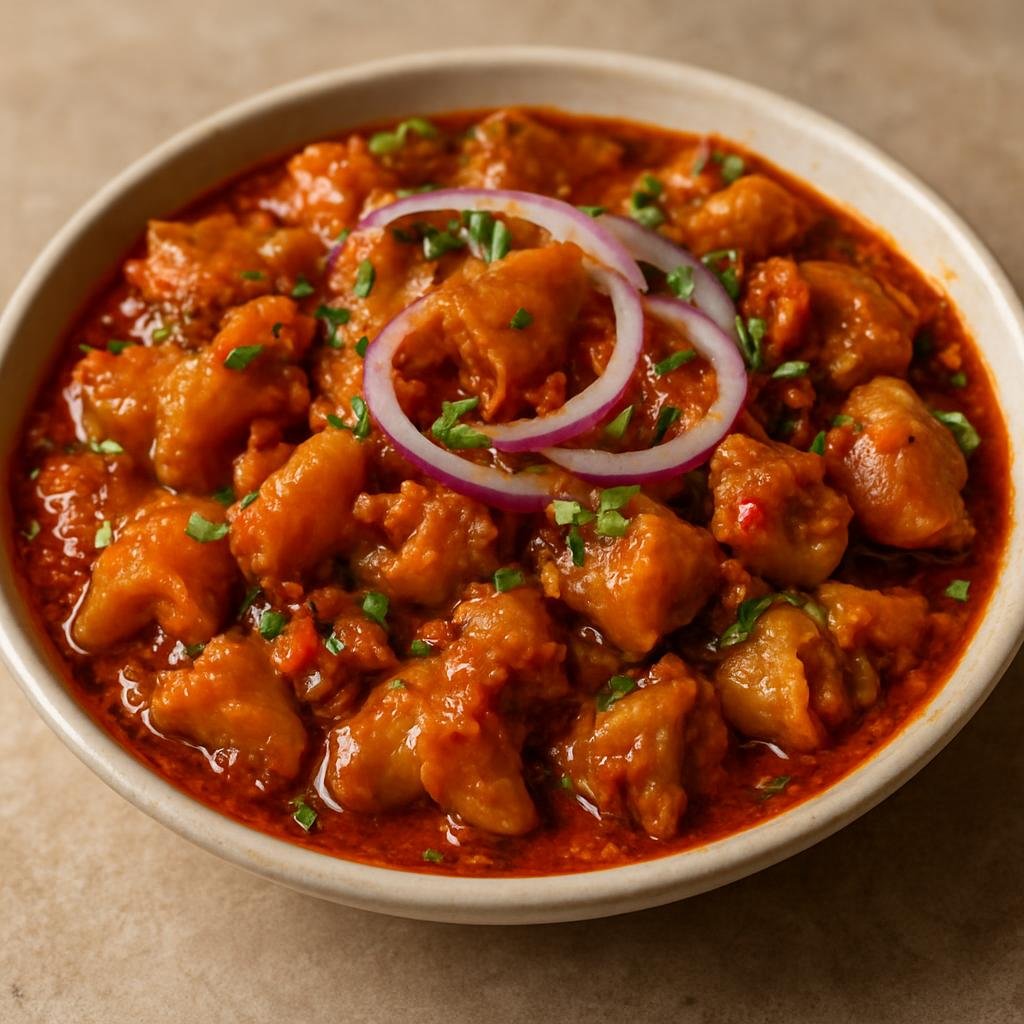 Entree: Nigeria – Igbo Southeast – Nkwobi (Warm, spicy palm-oil-based cow foot dish from Igbo cuisine thickened and seasoned for communal eating) recipe
