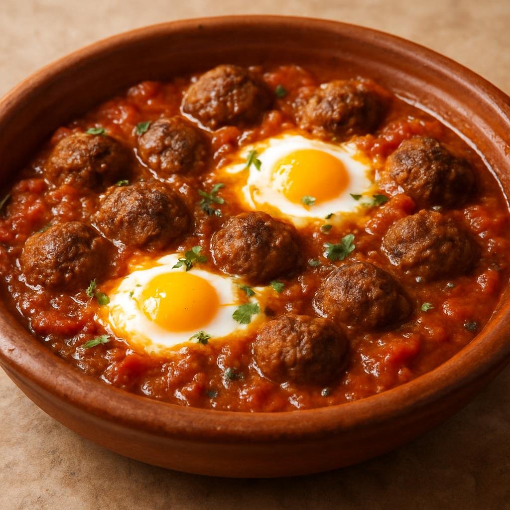 Entree: Morocco – Fez – Kefta Mkaouara (Moroccan Meatball Tagine) (Spiced Moroccan meatballs simmered in a tomato-onion sauce and finished with poached eggs) recipe