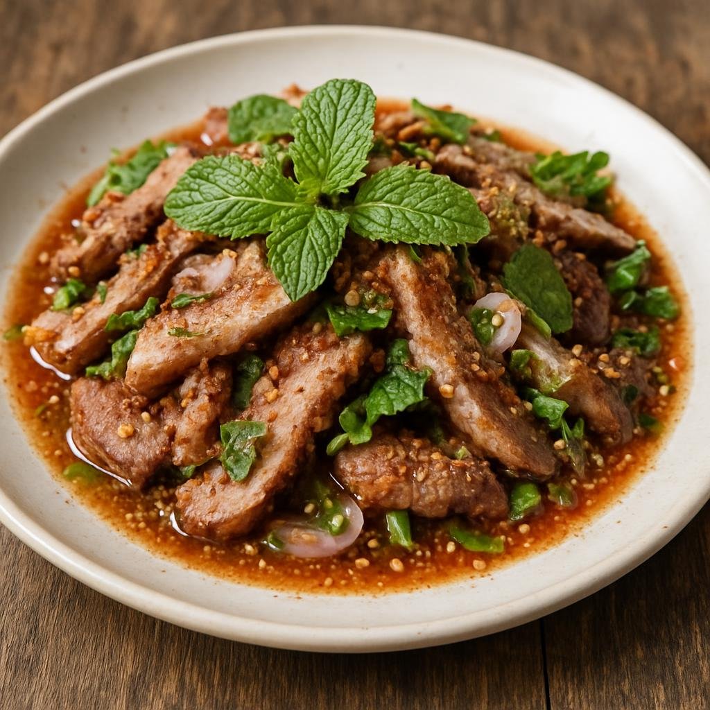 Entree: Thailand – Northeastern Isan – น้ำตกหมู ➤ Nam tok mu (Grilled pork salad with spicy lime-fish sauce dressing and toasted rice powder) recipe