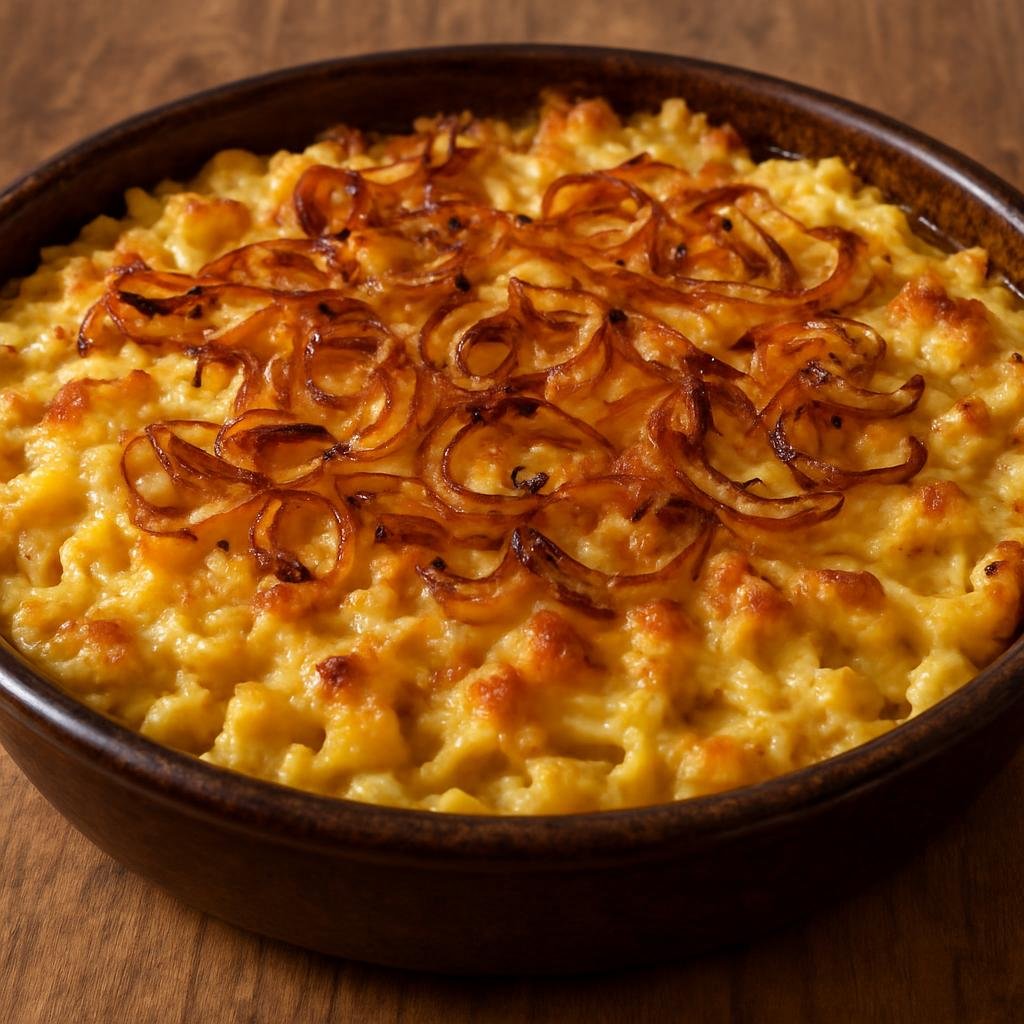 Entree: Austria – Tyrol – Kasspatzln (Tyrolean cheese spaetzle baked with caramelized onions) recipe