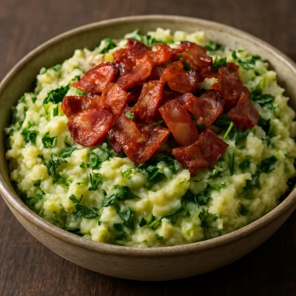 Entree: Ireland – Ulster / Northern Border – Colcannon with Bacon (Creamy mashed potatoes blended with cabbage or kale and crisp bacon) recipe