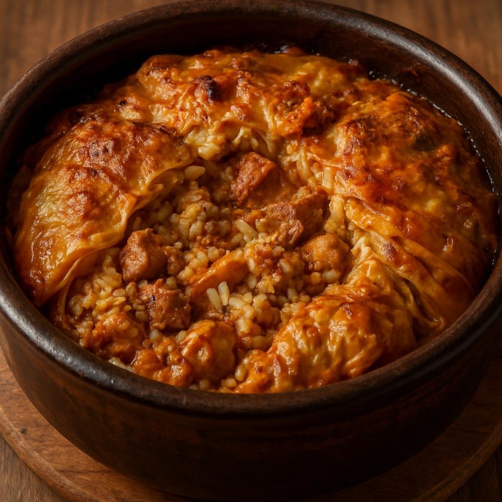 Entree: Bulgaria – Southern Culinary Region – Капама ➤ Kapama (Slow-baked mixed meat and rice casserole cooked in a sealed pot with cabbage and spices) recipe