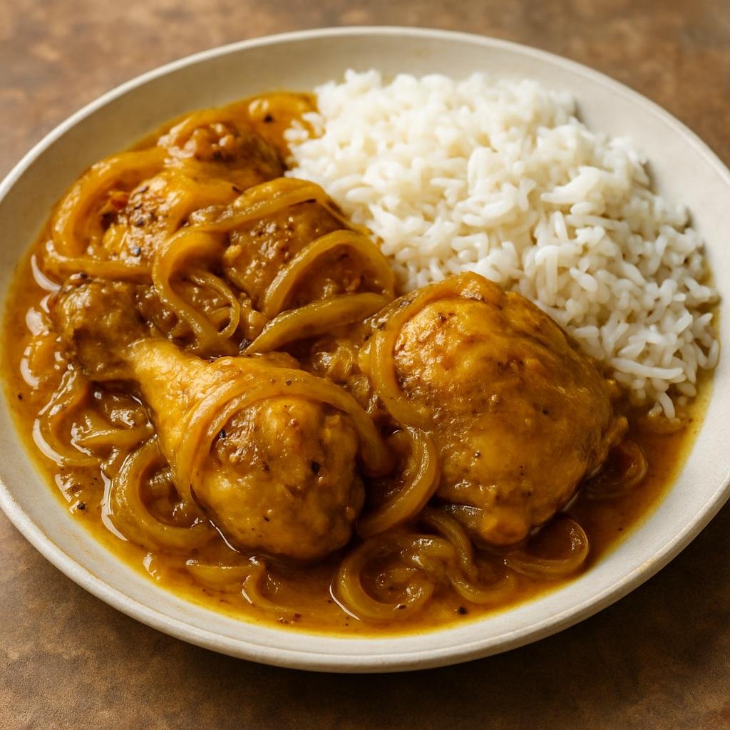 Entree: Senegal – Senegalese Wolof Cuisine – Yassa Poulet (Senegalese marinated chicken braised with caramelized onions in a lemon and mustard sauce, served with rice) recipe