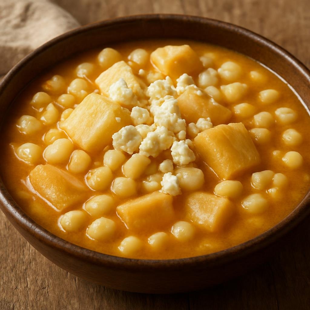 Entree: Colombia – Caribbean Coast – Mote de Queso (Hearty Colombian Caribbean hominy soup made with yam and salty fresh cheese) recipe