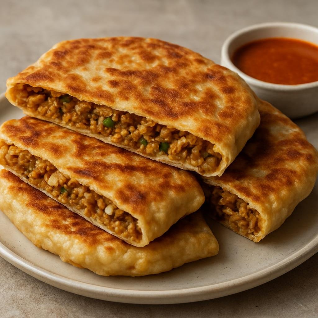 Entree: Malaysia – Malaysian Indian – Murtabak (Pan-fried stuffed savory flatbread filled with spiced minced meat, egg, and onions) recipe