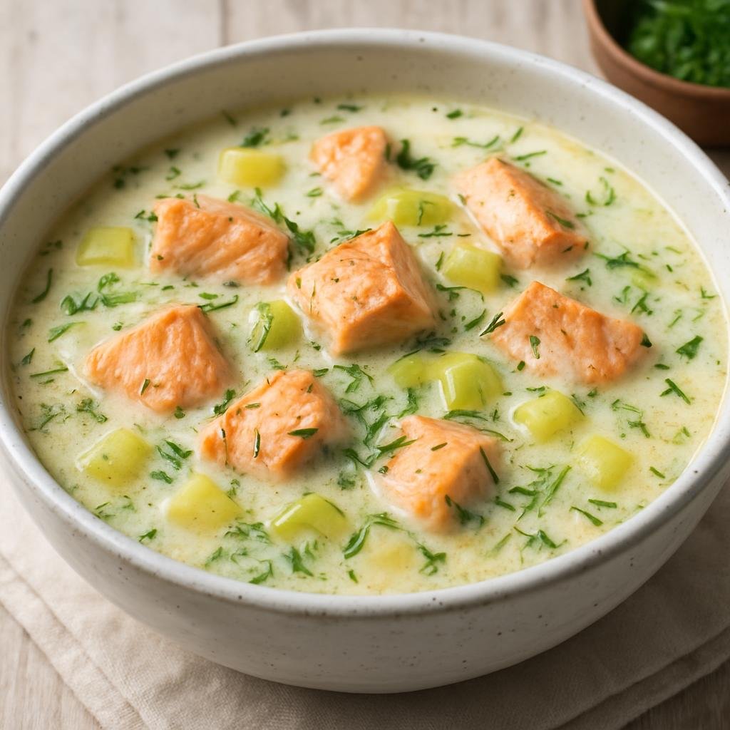 Entree: Finland – Lapland – Lohikeitto (Creamy Finnish salmon soup with potatoes, leeks, and dill) recipe