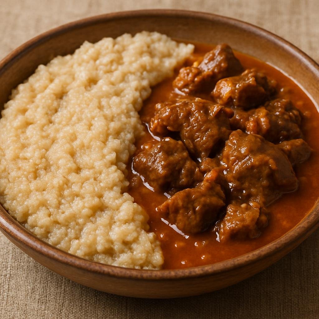 Entree: Botswana – Southern Culinary Region – Bogobe Jwa Lerotse (Thick sorghum porridge cooked with lerotse melon pulp, served as a savory main often accompanied by meat stew) recipe