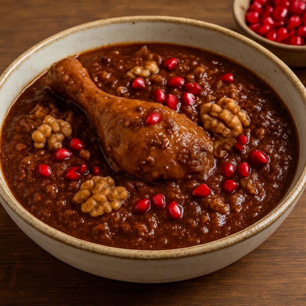 Entree: Iran – Isfahan – فسنجان ➤ Fesenjān (Persian pomegranate and walnut stew braised with poultry in a sweet-tart sauce) recipe