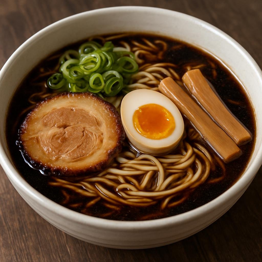 Entree: Japan – Hokuriku – 富山ブラックラーメン ➤ Toyama Burakku Rāmen (A regional Toyama-style ramen with an intensely salty, dark soy-based broth and straight noodles) recipe