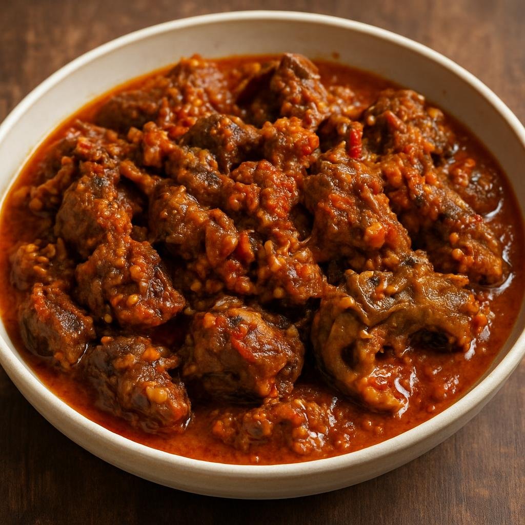 Entree: Nigeria – Igbo Southeast – Isi Ewu (A rich Igbo stew of spiced, chopped goat head cooked in seasoned palm oil with ground calabash nutmeg and crayfish) recipe