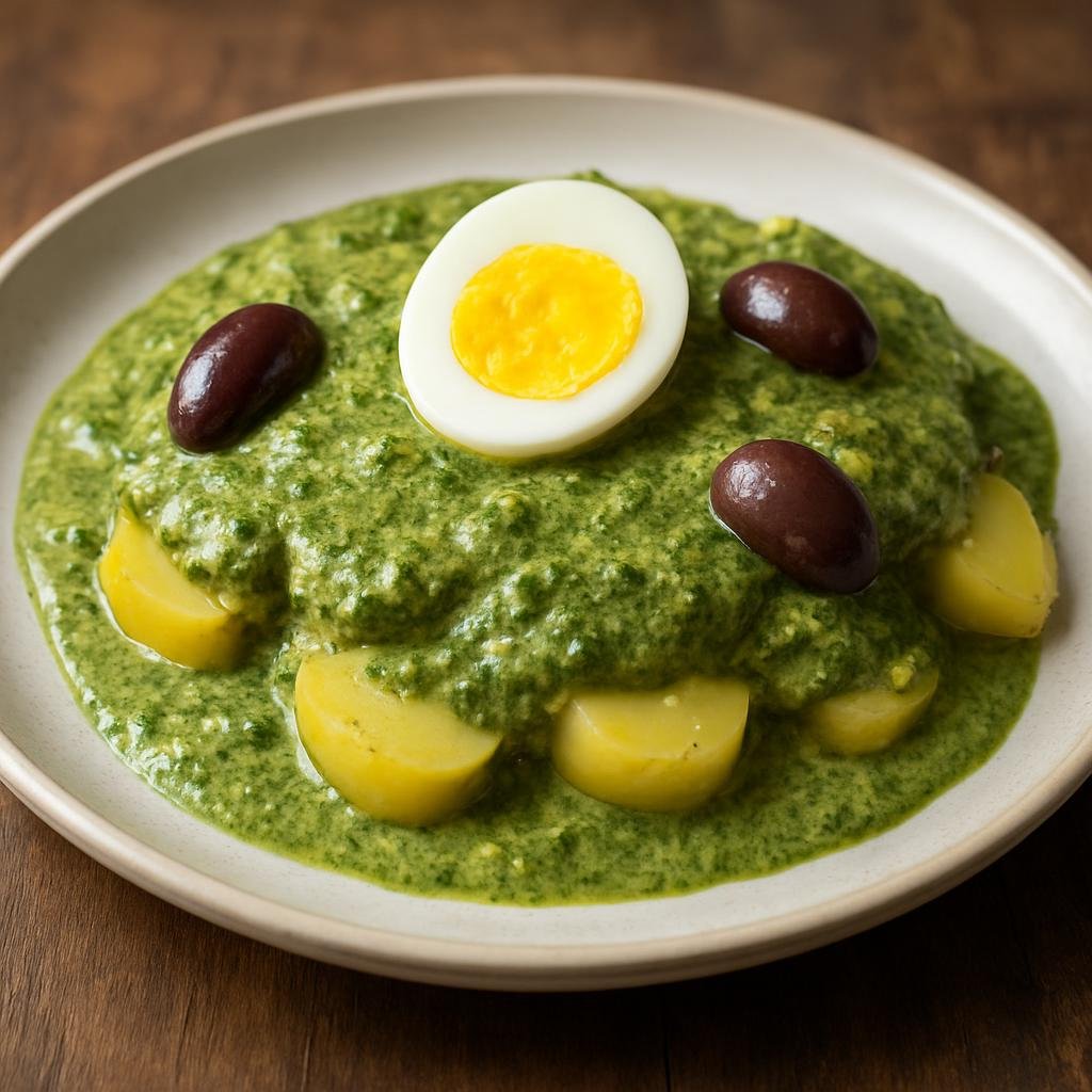 Entree: Peru – Arequipa – Ocopa Arequipeña (Arequipa-style warm green herb and peanut sauce served over boiled potatoes with hard-boiled egg and olives) recipe