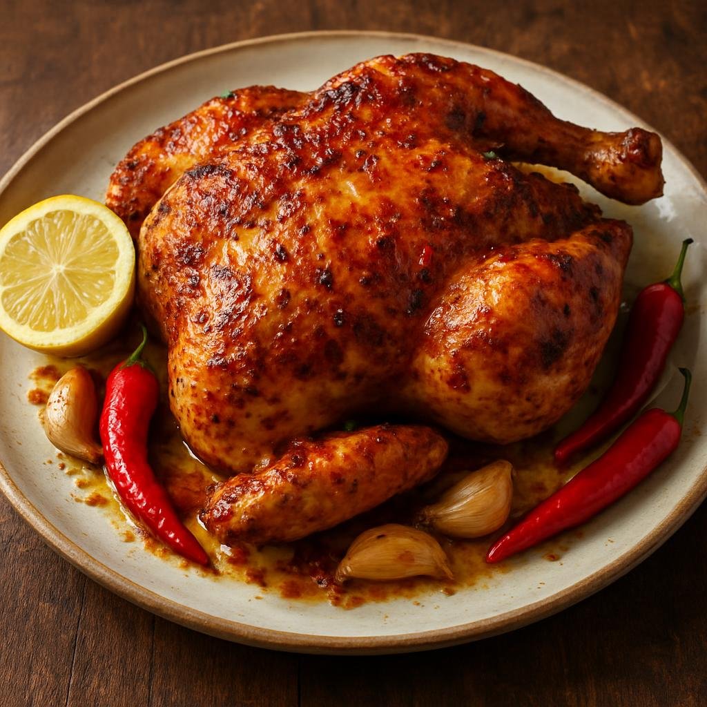 Entree: Portugal – Lisbon – Frango Assado com Piri-Piri (Oven-roasted Portuguese chicken seasoned with fiery piri-piri chili, garlic, lemon, and olive oil) recipe