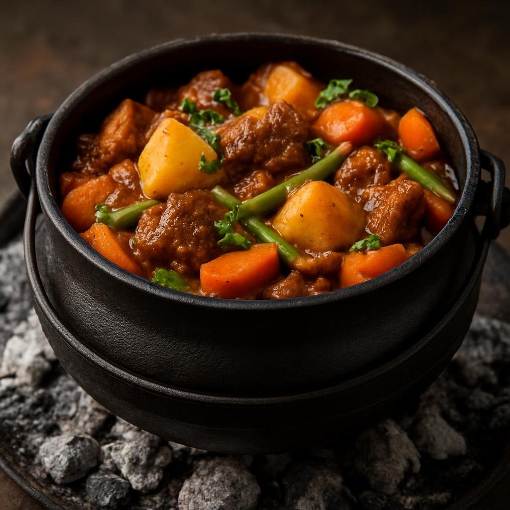 Entree: South Africa – Johannesburg & Gauteng – Potjiekos (South African slow‑cooked layered stew prepared in a small cast‑iron pot over coals, combining meat and vegetables) recipe