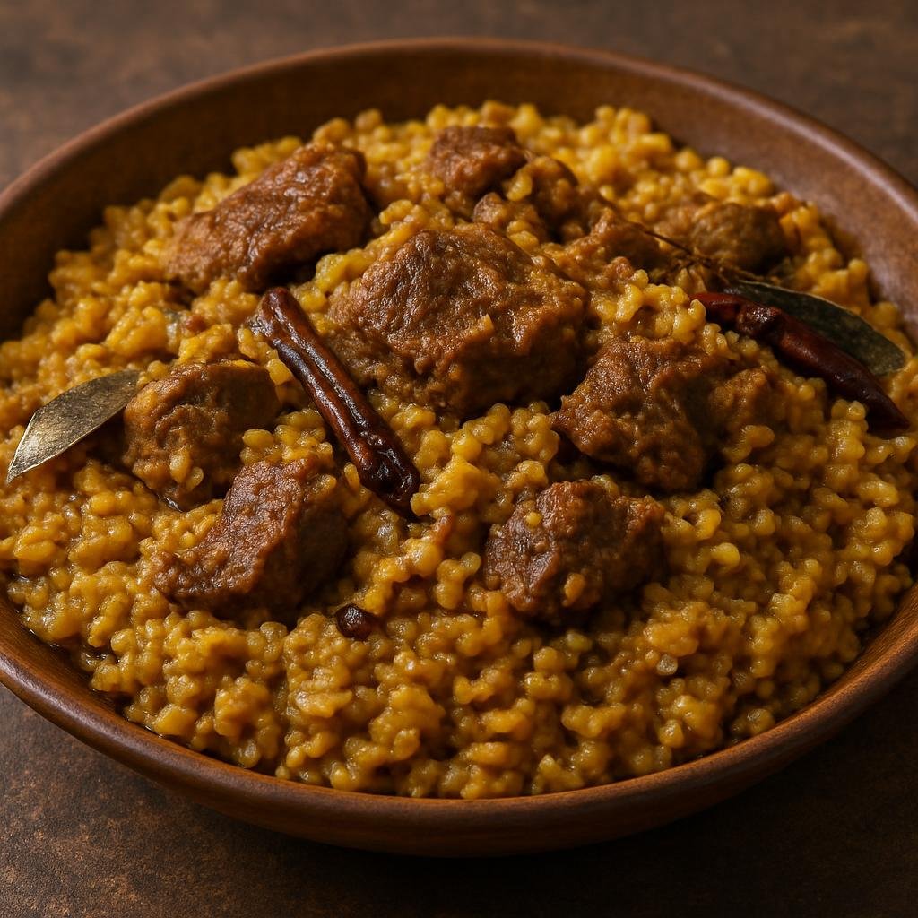 Entree: Bangladesh – Chittagong – ভুনা খিচুড়ি ➤ Bhuna Khichuri (Spiced Chittagong-style dry khichuri of rice and lentils braised with browned meat and aromatic spices) recipe