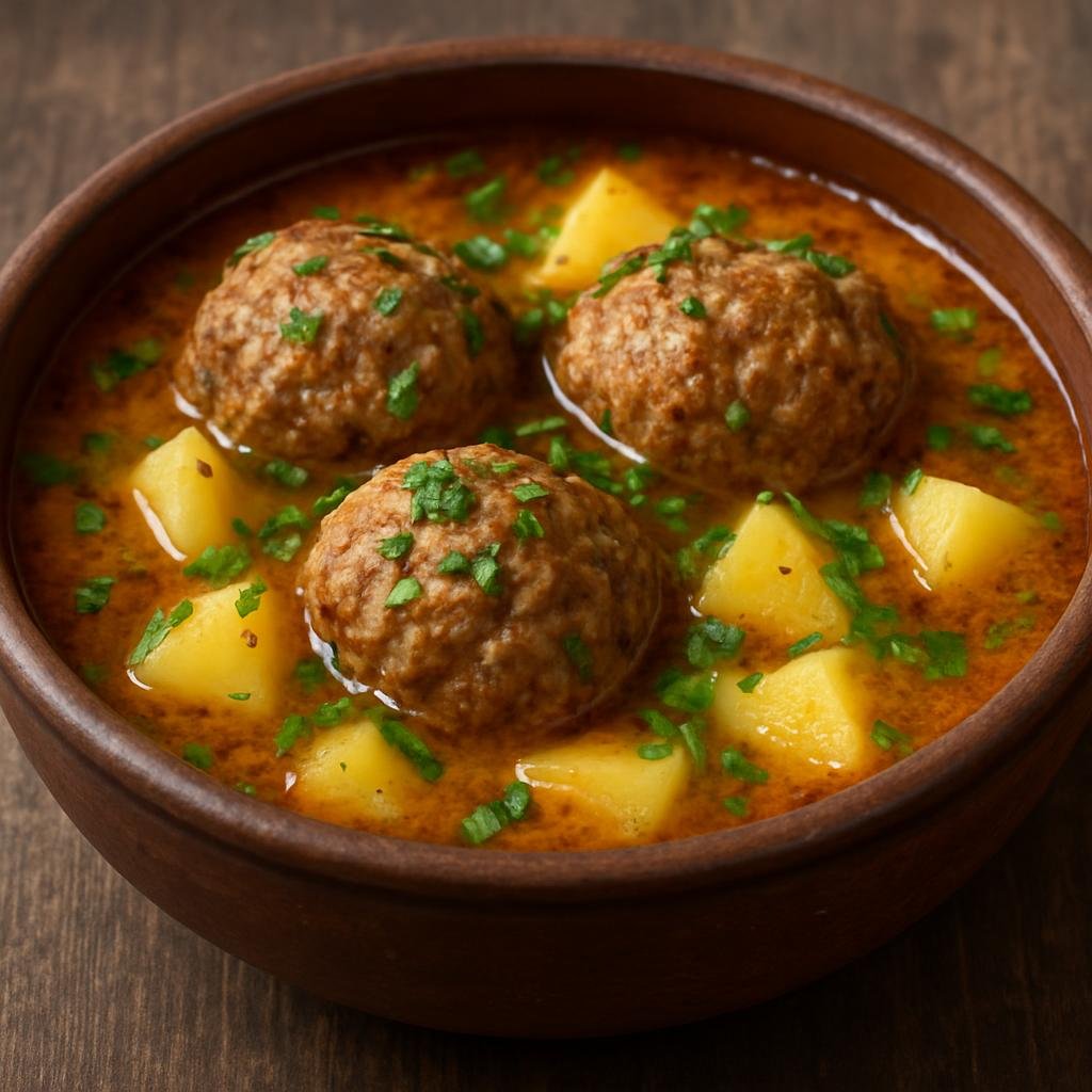 Entree: Azerbaijan – Central Culinary Region – Kufta Bozbash (Hearty Azerbaijani stew of lamb meatballs cooked in a spiced broth with potatoes and fresh herbs) recipe